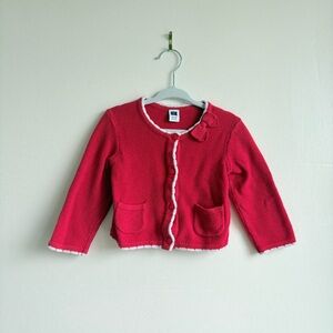 Janie and Jack Baby Girls Red Cardigan White Trim and Bow 12-18m